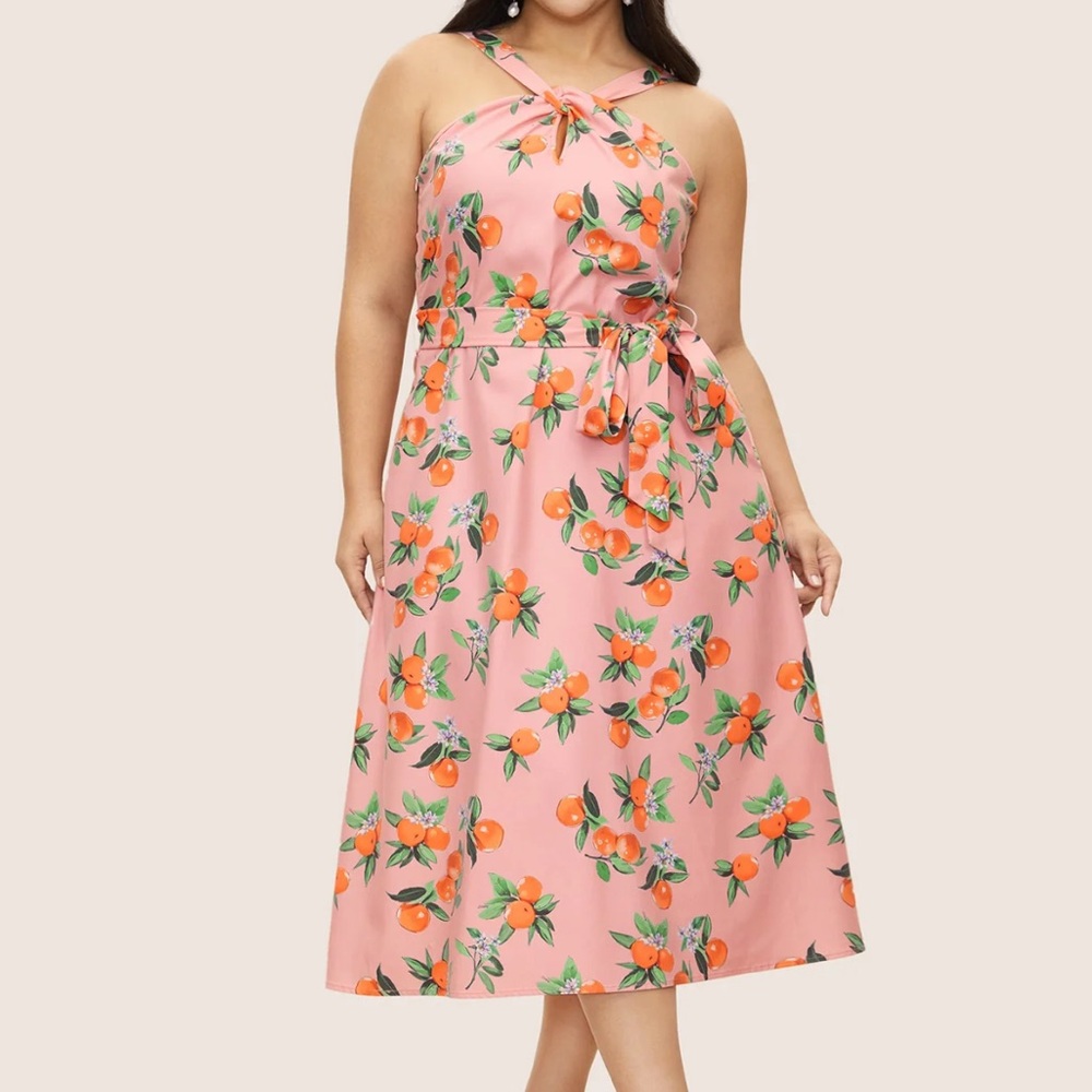 BloomChic Pink Orange Floral Halter Midi Dress